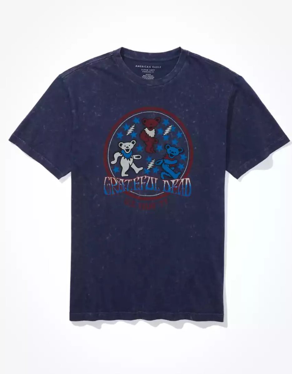 T Shirt Graphique American Eagle AE Super Soft Grateful Dead Bleu Foncé Homme | XGH-08794390